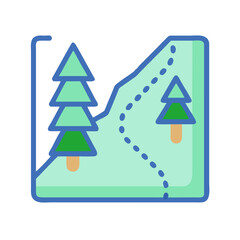 Fototapeta premium Stylized mountain landscape with trees and path, modern illustration for adventure themes