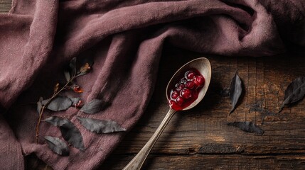 Rustic autumn flat lay with cloth napkin and wooden spoon scene