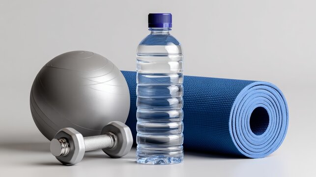 Ultra-photorealistic composition featuring a clear water bottle, silver exercise ball, dumbbells, and a blue sports mat on a white background with copy space for fitness-related designs