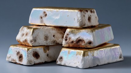 Iridescent metal ingots stacked elegantly on a smooth gray background, showcasing a unique blend of textures and colors, ideal for commercial use and visual storytelling