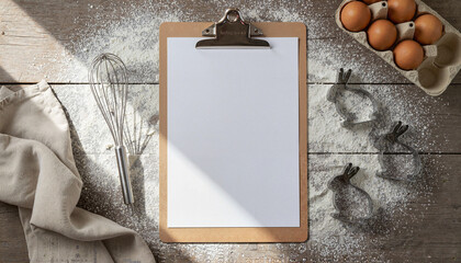 Blank clipboard lying on wooden table with baking ingredients and rabbit cookie cutters for easter preparation