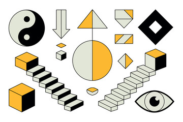 A creative illustration featuring various geometric shapes and symbols on a white background