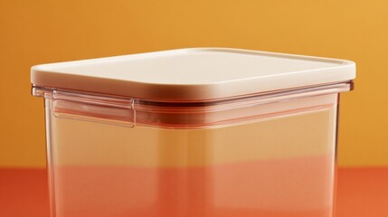 Transparent pet food container close-up against orange background for kitchen storage