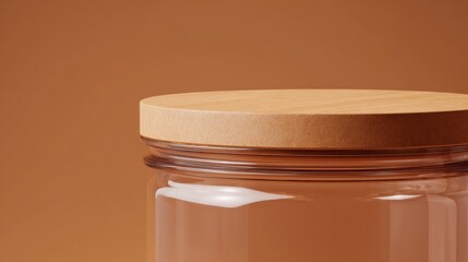 Side view of a clear pet food container with wooden lid on brown background