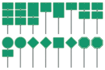 A collection of green road signs on metal poles against a white background