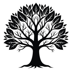 Fototapeta premium Graphic Oak Tree Silhouette in Black and White with Symmetrical Branching