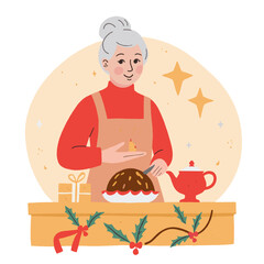 Elderly woman serving cake with tea in a festive kitchen setting . Elderly set