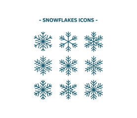 A collection of blue snowflakes icons on a white background