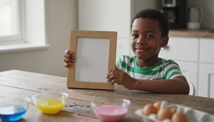 African American boy holding blank wooden picture frame while sitting at kitchen table with art supplies
