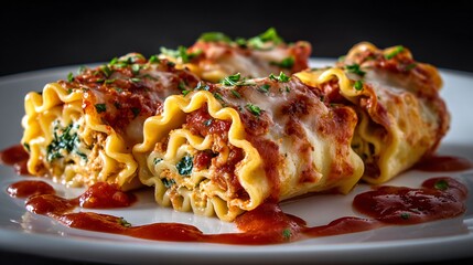 Chorizo and spinach lasagna rolls, neatly plated, tomato sauce drizzle, editorial look