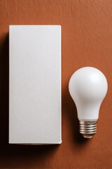 Minimalist design concept with blank box and led light bulb top view