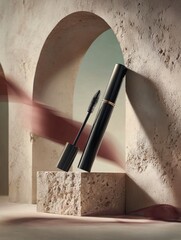 Sleek matte black mascara tube on textured stone surface for beauty design inspiration