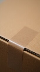 Close up of kraft paper shipping label on cardboard delivery box