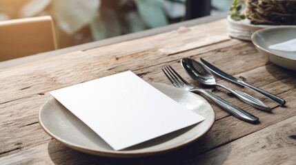 Rustic dining setup with menu card on wooden table for restaurant design