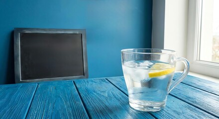 Glass of lemon water, blue backdrop with copy space for text and image. 