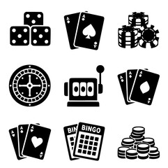 A grid of nine black and white icons representing various casino and gambling elements is displayed no background