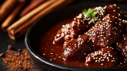 Mole poblano dish for cinco de mayo celebration with spices and sesame