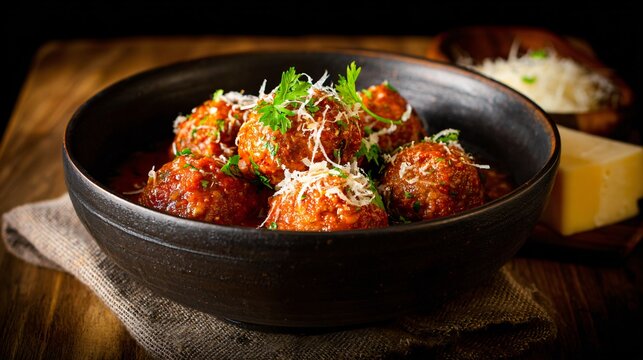 Chorizo meatballs in tomato sauce, parmesan topping, rustic bowl, warm Italian-Spanish fusion vibe