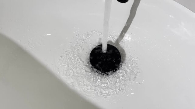 Close-up of running water hitting drain stopper in a bathroom sink. Water splashes and forms bubbles