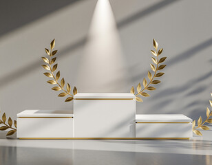 Pristine white award podium featuring golden laurel branches against a neutral backdrop. Unoccupied pedestals designated for first, second, and third-place winners. Ceremonial platform
