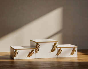 Pristine white award podium featuring golden laurel branches against a neutral backdrop. Unoccupied pedestals designated for first, second, and third-place winners. Ceremonial platform