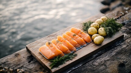 Swedish gravlax with dill and potatoes by the sea for midsommar celebration