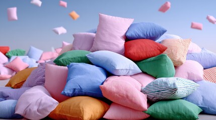 Soft multicolored pillows in pastel shades stacked high, with flying pillows in the background, creating a whimsical atmosphere, perfect for cozy home decor and playful design concepts with copy space