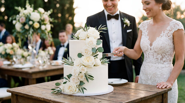 Bridal couple cutting a three-tiered wedding cake outdoors
