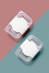 Diagonal arrangement of clear plastic containers with white labels for organization