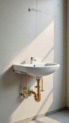 Bathroom renovation scene with uninstalled sink and visible copper plumbing