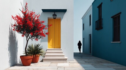 Fototapeta premium Vibrant street scene featuring a striking yellow door and lush red flowers, with a silhouette walking through a serene alleyway, embodying a minimalist artistic atmosphere
