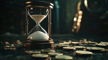 Hourglass on Coins Representing Time and Money