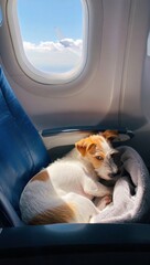 Pet travel essentials: cozy dog relaxing on airplane for safe journey