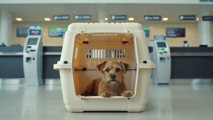 Pet travel essentials: dog in carrier at airport for safe plane journey