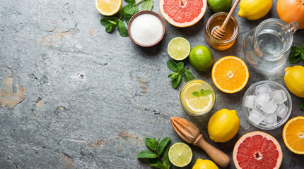 Fresh Citrus Slices with Honey and Ice on a Stone Surface