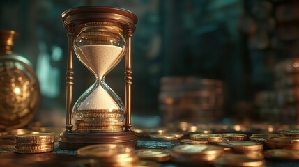 Hourglass on Coins Representing Time and Money