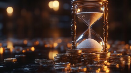 Hourglass on Coins Representing Time and Money