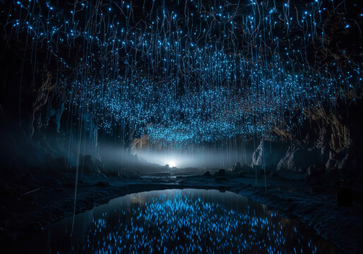 Glow worms hanging from dark cave ceiling like blue starry strings.