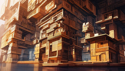 An original avatar inside a massive vertical library carved into a cliff, featuring floating staircases and architectural fantasy in a futuristic urban environment.