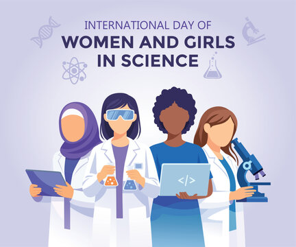 International Day of Women and Girls in Science illustration. Female scientists working with research tools, laptops, and laboratory equipment.