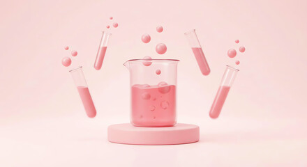 Bubbling pink liquid in a glass beaker. 
