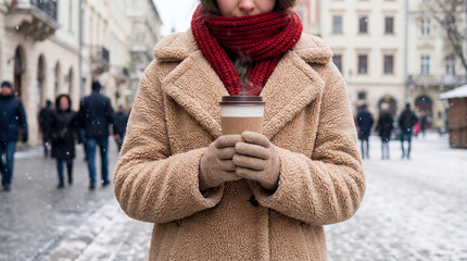 Woman with Coffee Cup on a Snowy Street