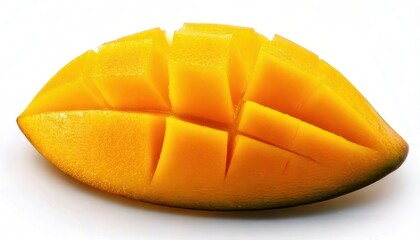 Fototapeta premium Freshly cut mango fruit, showcasing vibrant yellow color and perfect presentation on white background.