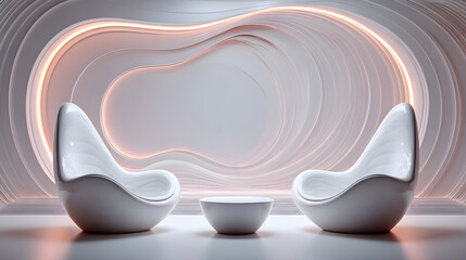 Modern minimalist futuristic lounge interior with white chairs