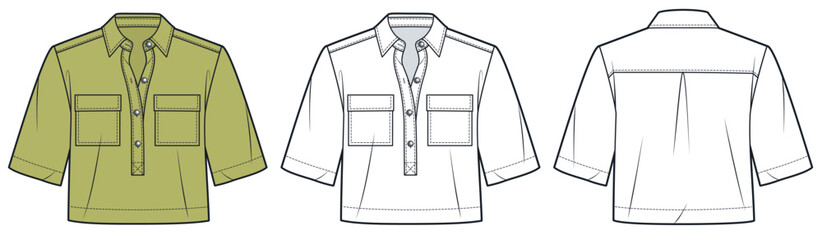Utility Shirt Technical Fashion Illustration. Short Sleeve Cropped Shirt fashion flat technical drawing template, front and back view, white, green, women, men, unisex CAD mockup.