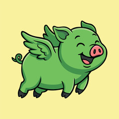 Flying Green Pig Illustration Character Vector Logo Template