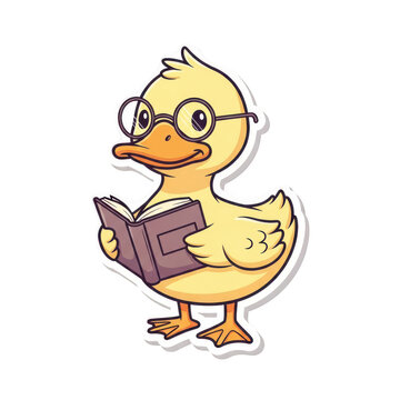 A cute cartoon duck wearing glasses and reading a book isolated on transparent background with a happy expression isolated on transparent background