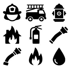 A grid of nine black silhouette icons related to firefighting no background