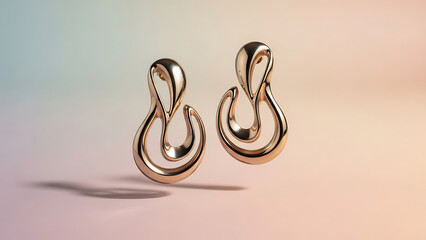Elegant rose gold drop earrings with a fluid spiral loop design, floating in a serene pastel studio setting, perfect for luxury jewelry marketing, bridal accessory concepts, and high-end fashion jewel