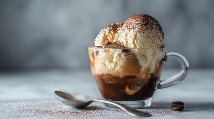 Affogato with cocoa-dusted gelato peak, clean modern background